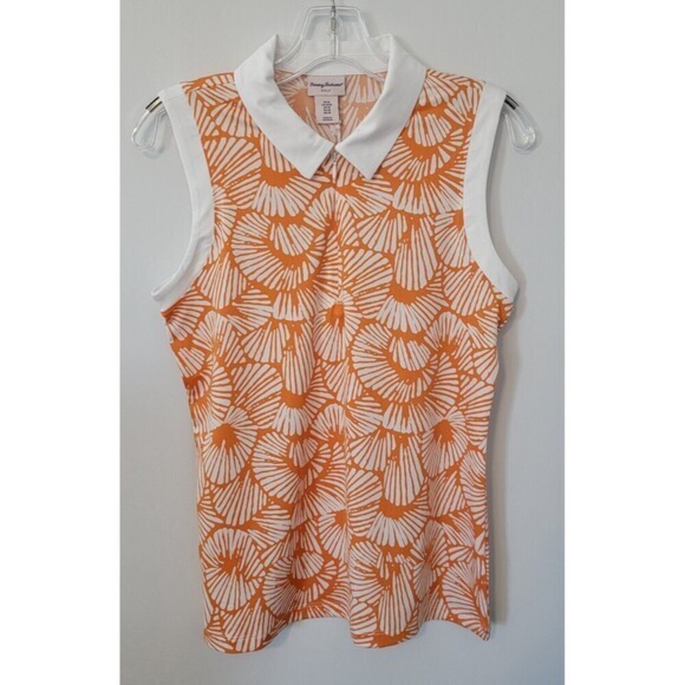 Tommy Bahama Golf Polo Shirt Women's M White Orange 1/4 Zip Sleeveless Floral